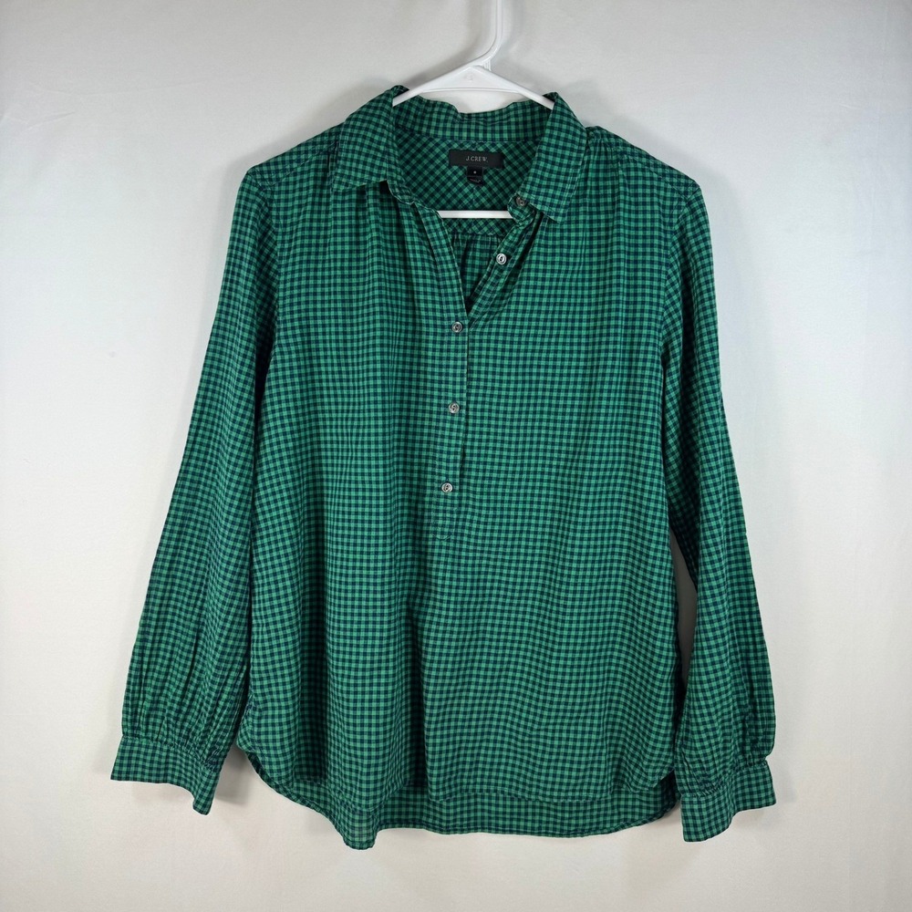 J.Crew Womens Green Navy Gingham Check Popover Shirt Size 6 Long Sleeve Cotton